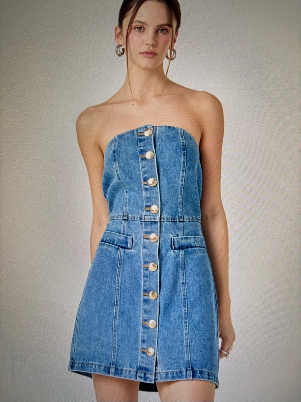 English Factory Strapless Button-Front Denim Mini Dress - Blue — only worn once